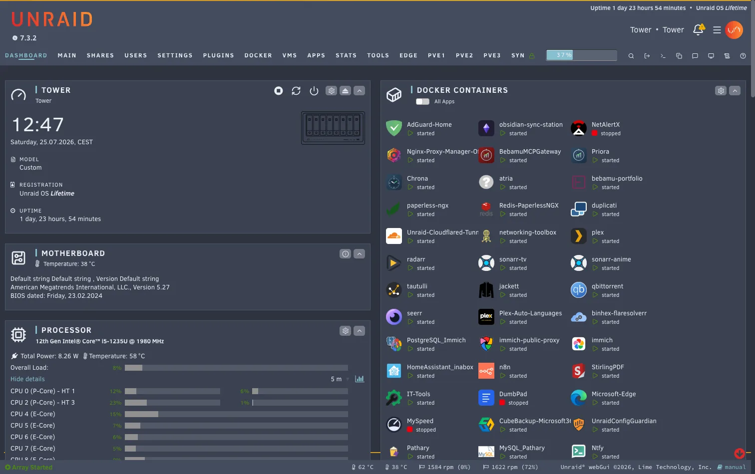 The Unraid 7.3 dashboard restyled with the Nord theme and the Lucide icon set