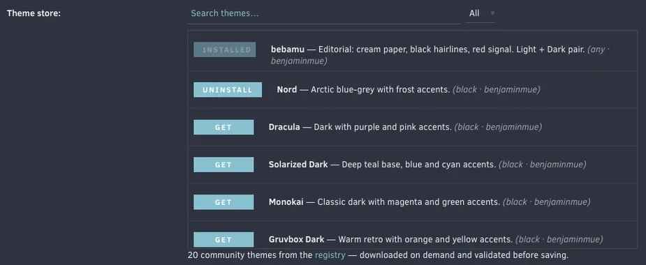 The theme store on the Unraid Themer settings page, listing bebamu, Nord, Dracula, Solarized Dark, Monokai and Gruvbox Dark with Get and Uninstall buttons