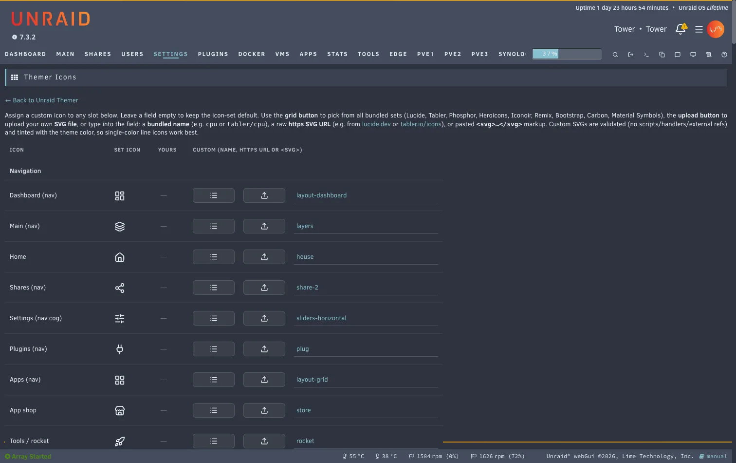 The Themer Icons page: one row per icon slot with the current glyph, a grid picker button, an upload button and a text field
