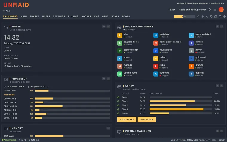 Unraid dashboard with the Ayu Mirage theme