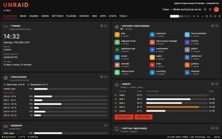 Unraid dashboard with the bebamu theme, dark