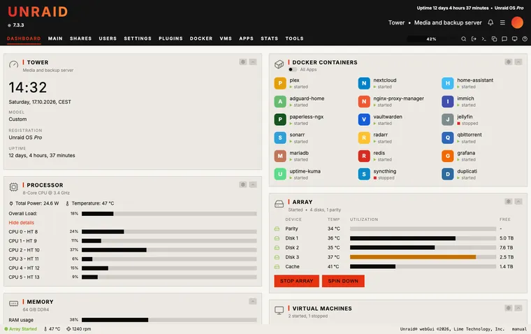 Unraid dashboard with the bebamu theme, light