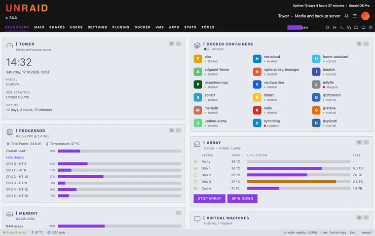 Unraid dashboard with the Catppuccin Latte theme