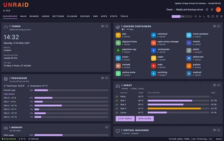 Unraid dashboard with the Catppuccin Mocha theme