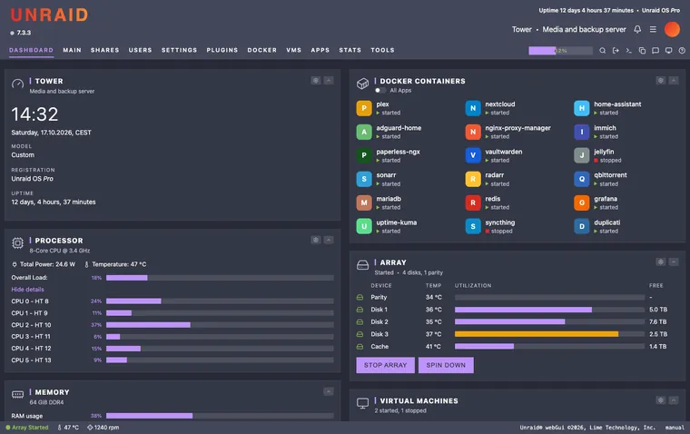 Unraid dashboard with the Dracula theme