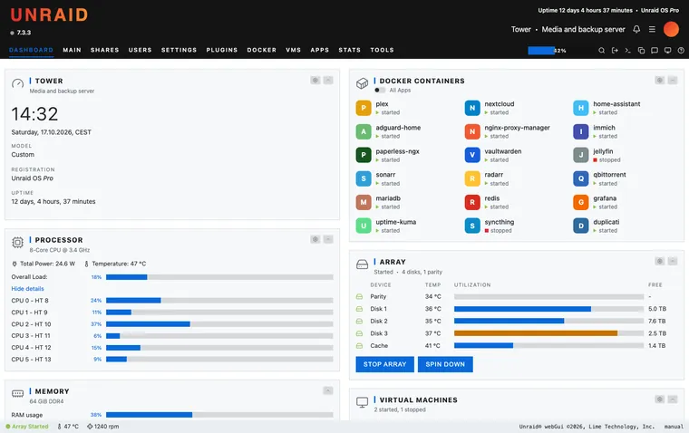 Unraid dashboard with the GitHub Light theme