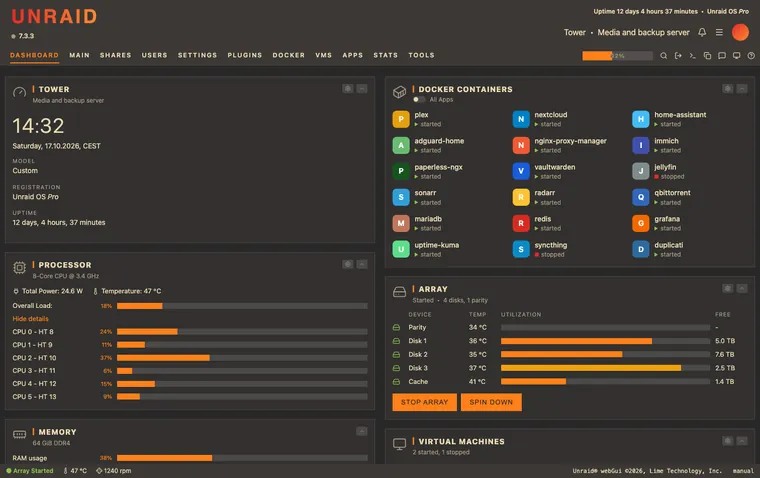 Unraid dashboard with the Gruvbox Dark theme