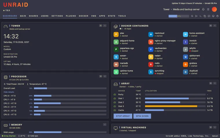 Unraid dashboard with the Kanagawa theme