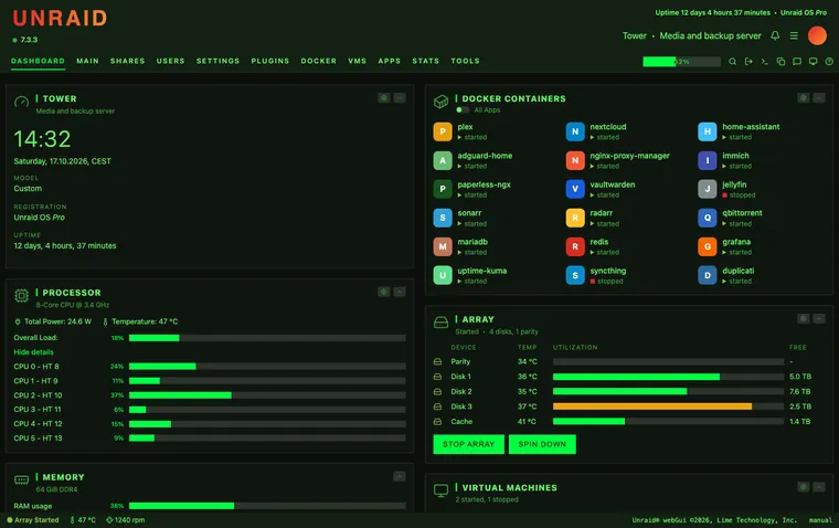 Unraid dashboard with the Matrix theme