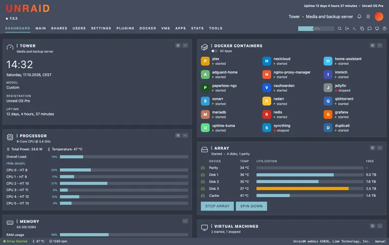 Unraid dashboard with the Nord theme