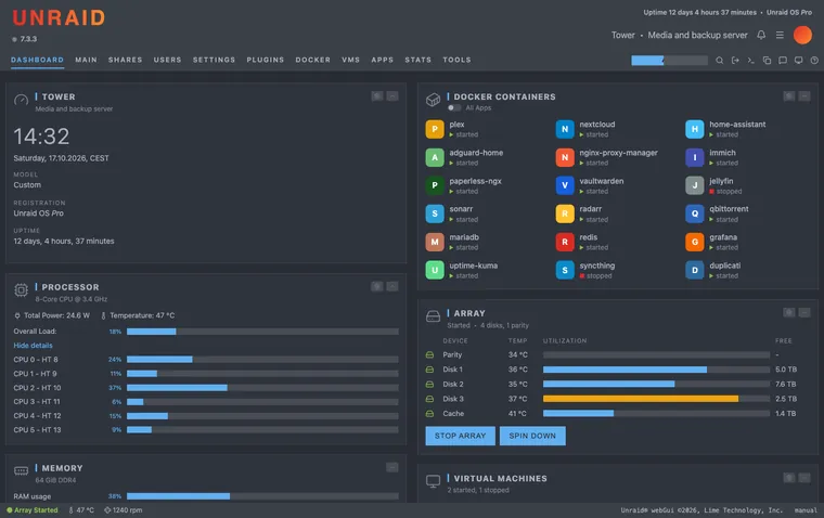 Unraid dashboard with the One Dark theme