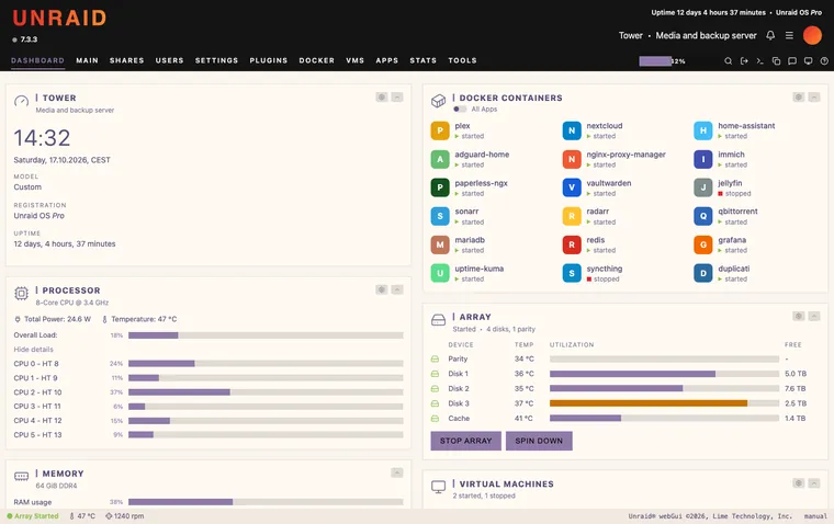 Unraid dashboard with the Rose Pine Dawn theme