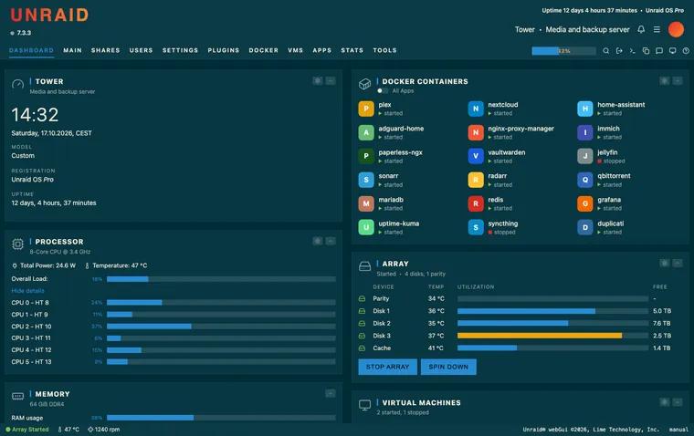 Unraid dashboard with the Solarized Dark theme