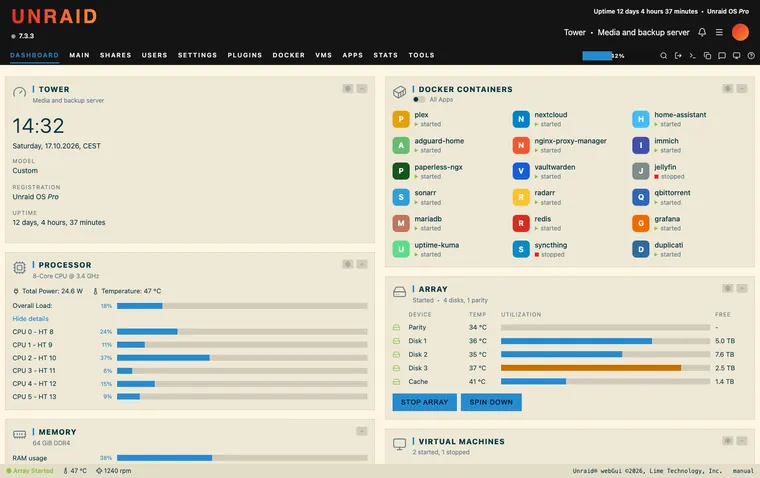 Unraid dashboard with the Solarized Light theme