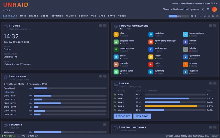 Unraid dashboard with the Tokyo Night theme