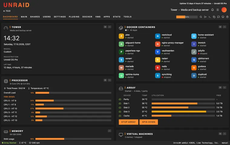 Unraid dashboard with the Unraid Appreciation theme